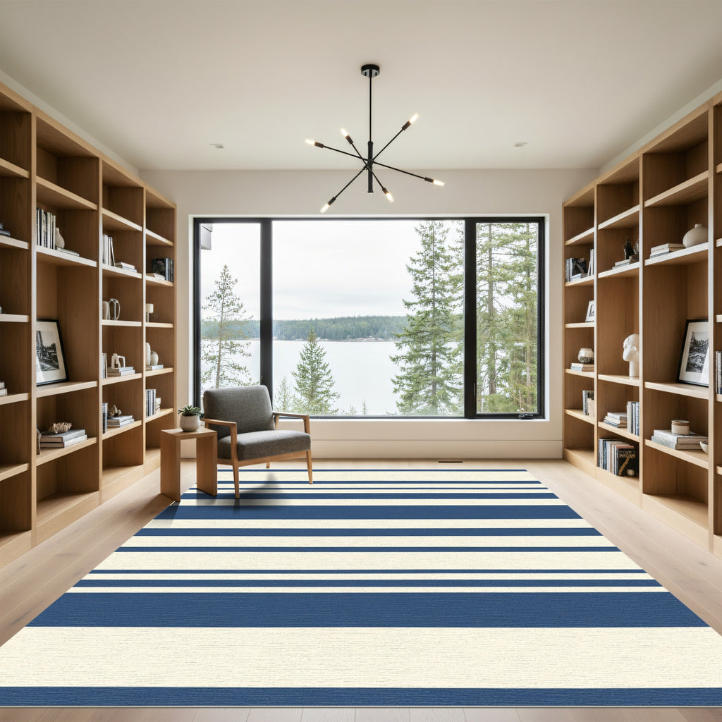 Navy Cream Horizontal Broad Stripe Oval Rug