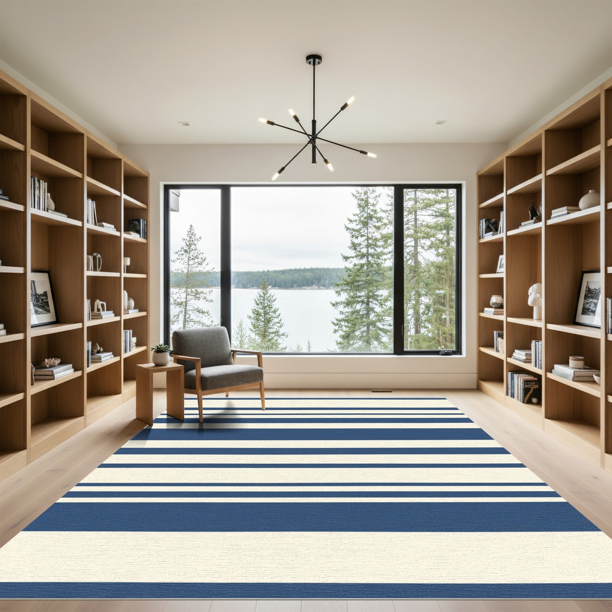 Navy Cream Horizontal Broad Stripe Oval Rug