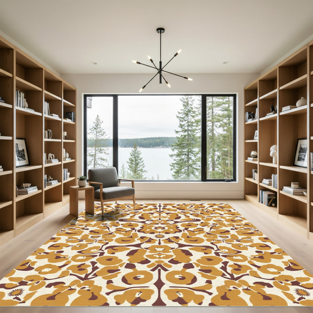 Golden Brown Floral Symmetry Rug