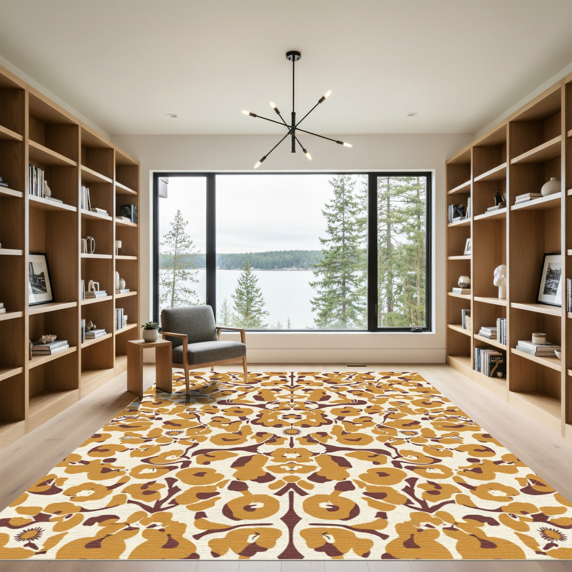 Golden Brown Floral Symmetry Rug