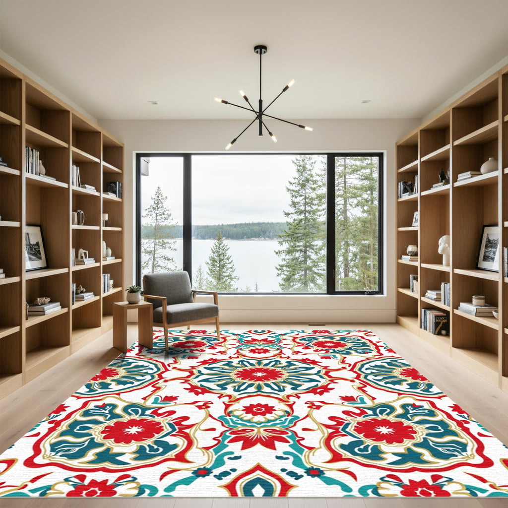Red Teal Golden Medallion Floral Rug