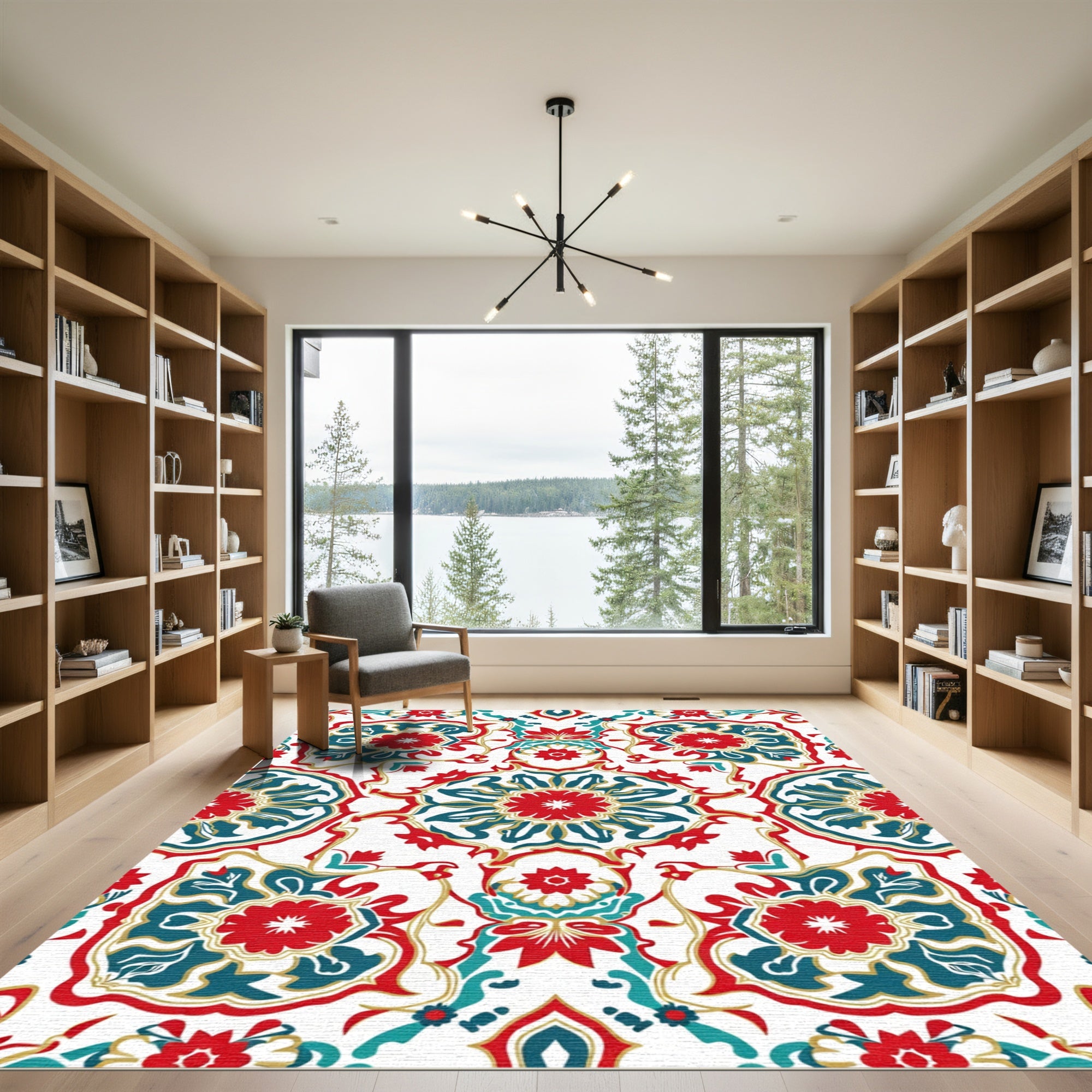 Red Teal Golden Medallion Floral Rug