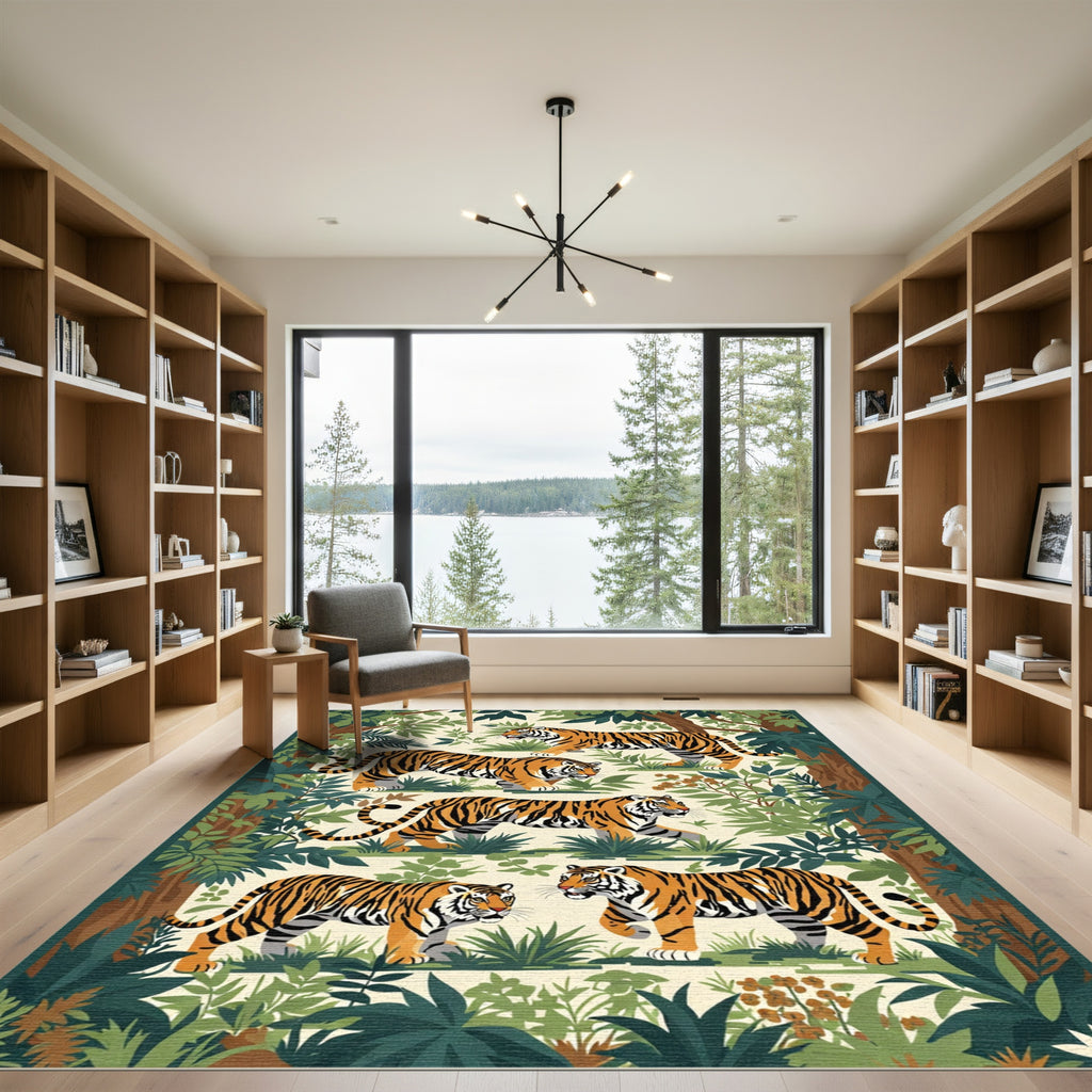Jungle Tigers Green Foliage Rich Orange Rug