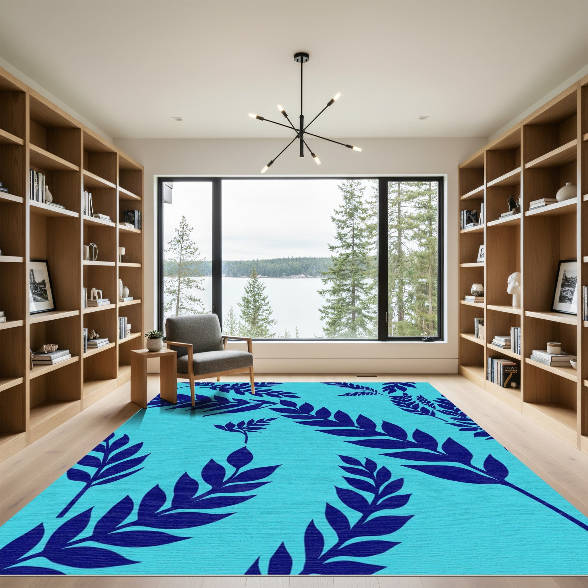 Deep Blue Fern Foliage Background Rug