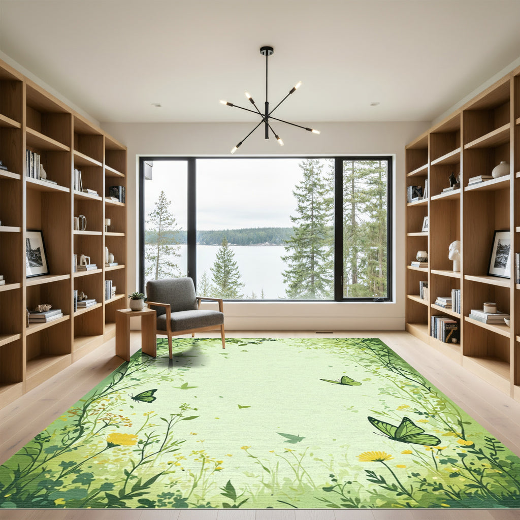 Lush Green Butterflies and Foliage Rug