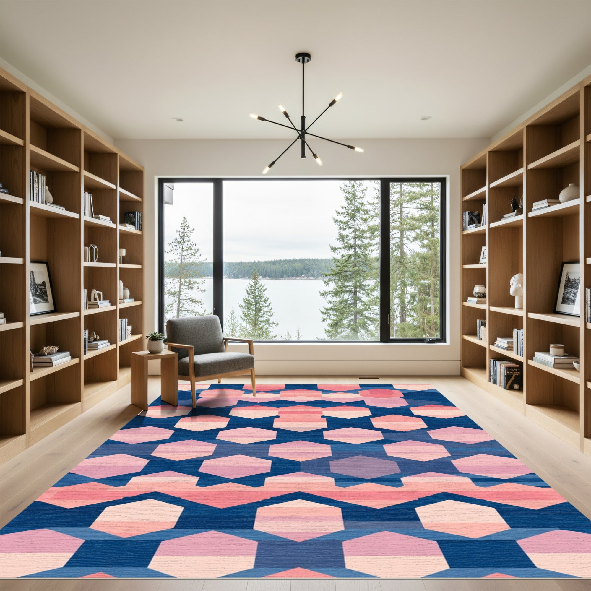Geometric Hexagon Blue Pink Gradient Rug