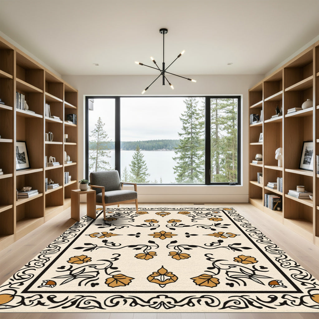 Ochre Floral Vines Bordered Rug