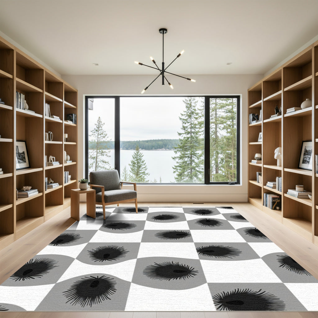 Gray Black Checkerboard Feather Motif Rug