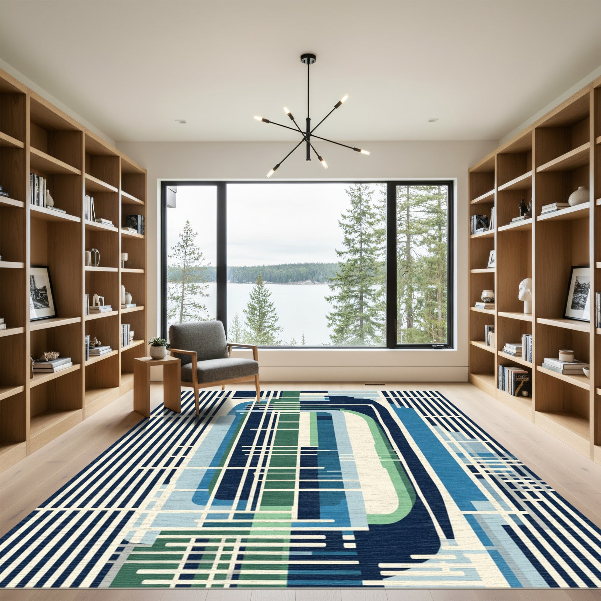 Deep Blue Abstract Geometric Lines Rug