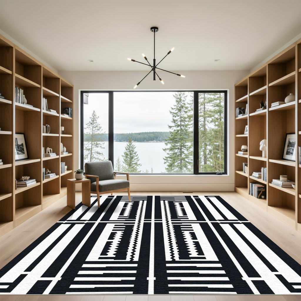 Bold Black White Geometric Rectangle Rug