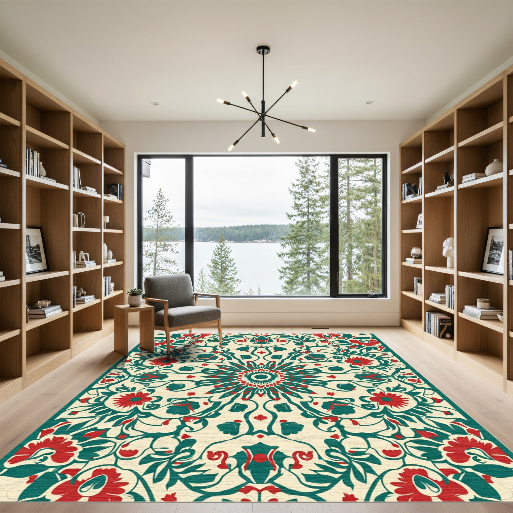 Crimson Teal Floral Mandala Rug