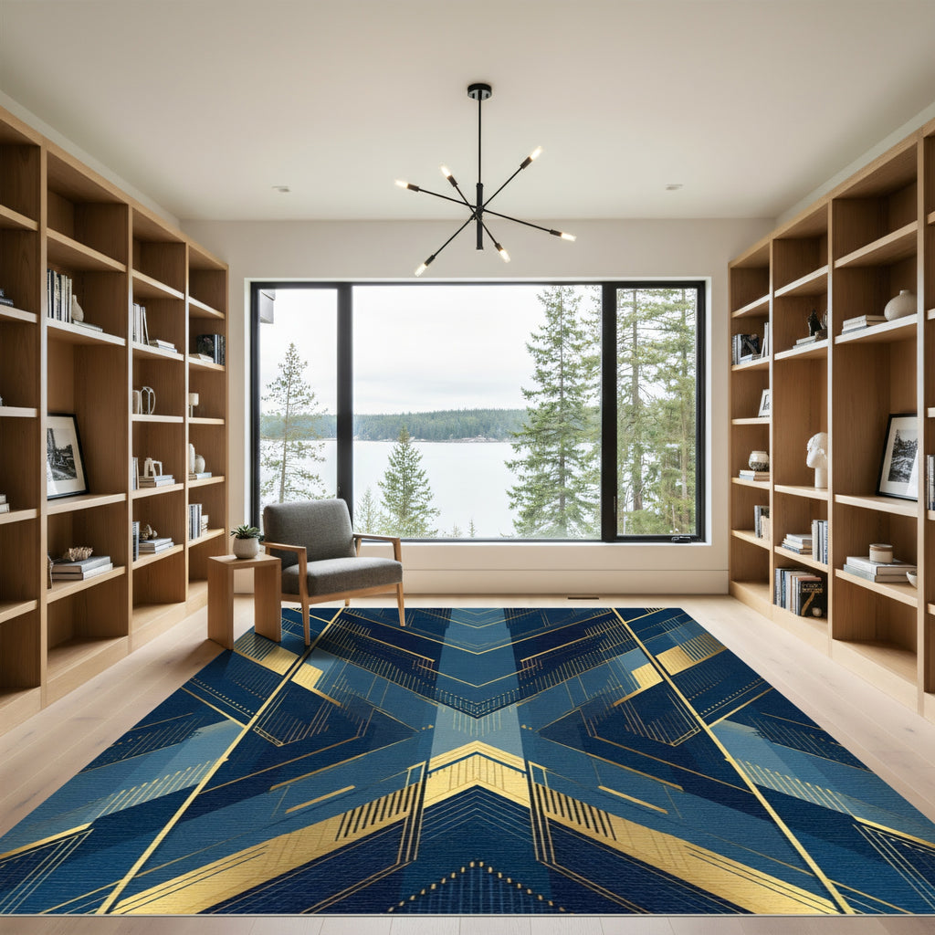 Deep Blue Gold Art Deco Chevron Rug