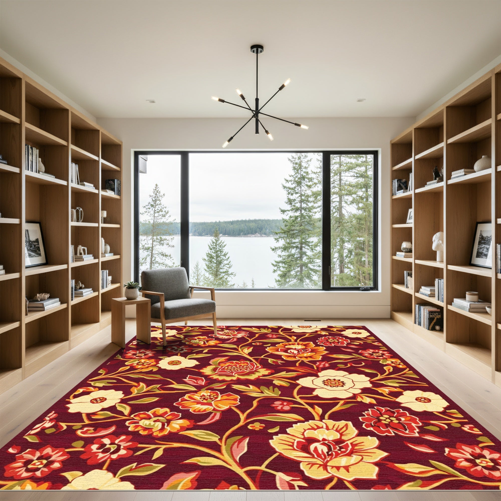 Burgundy Floral Scroll Meadow Rug