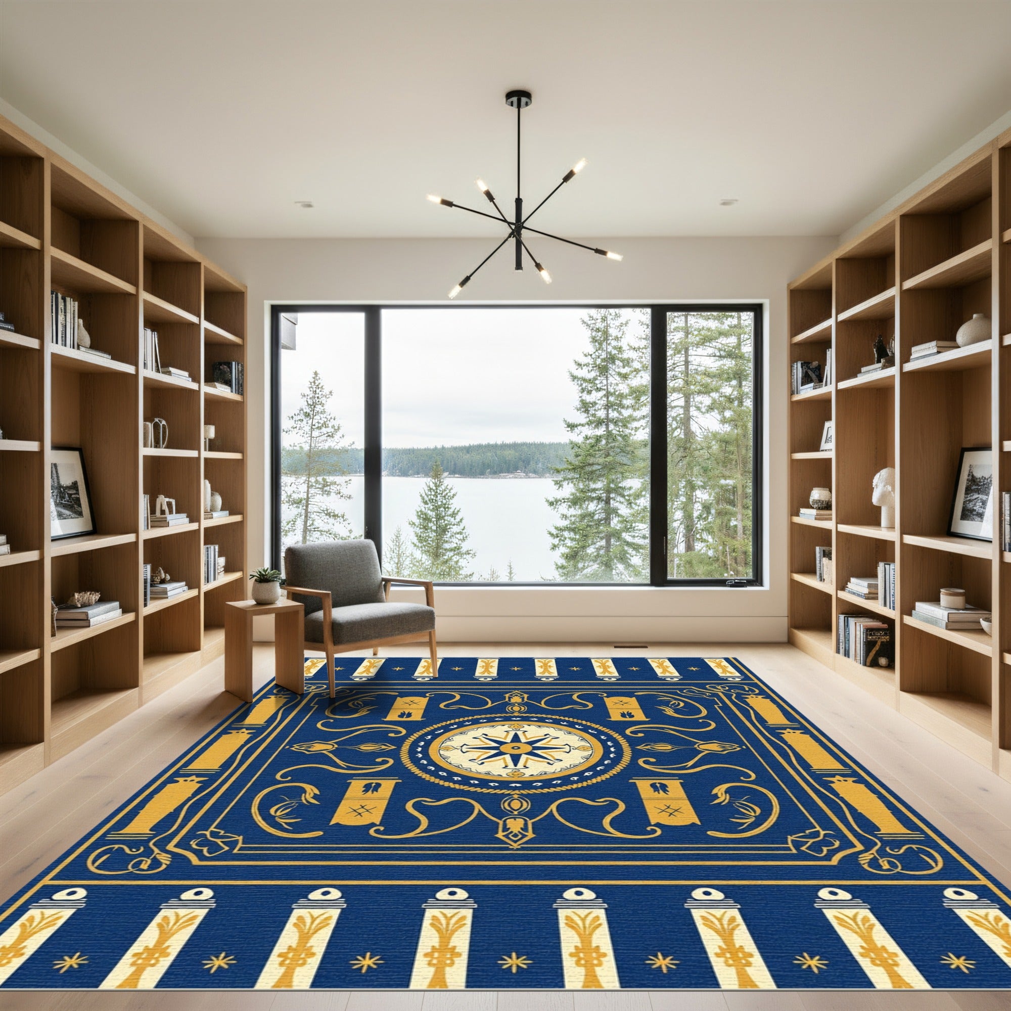 Naval Blue Gold Medallion Compass Rug