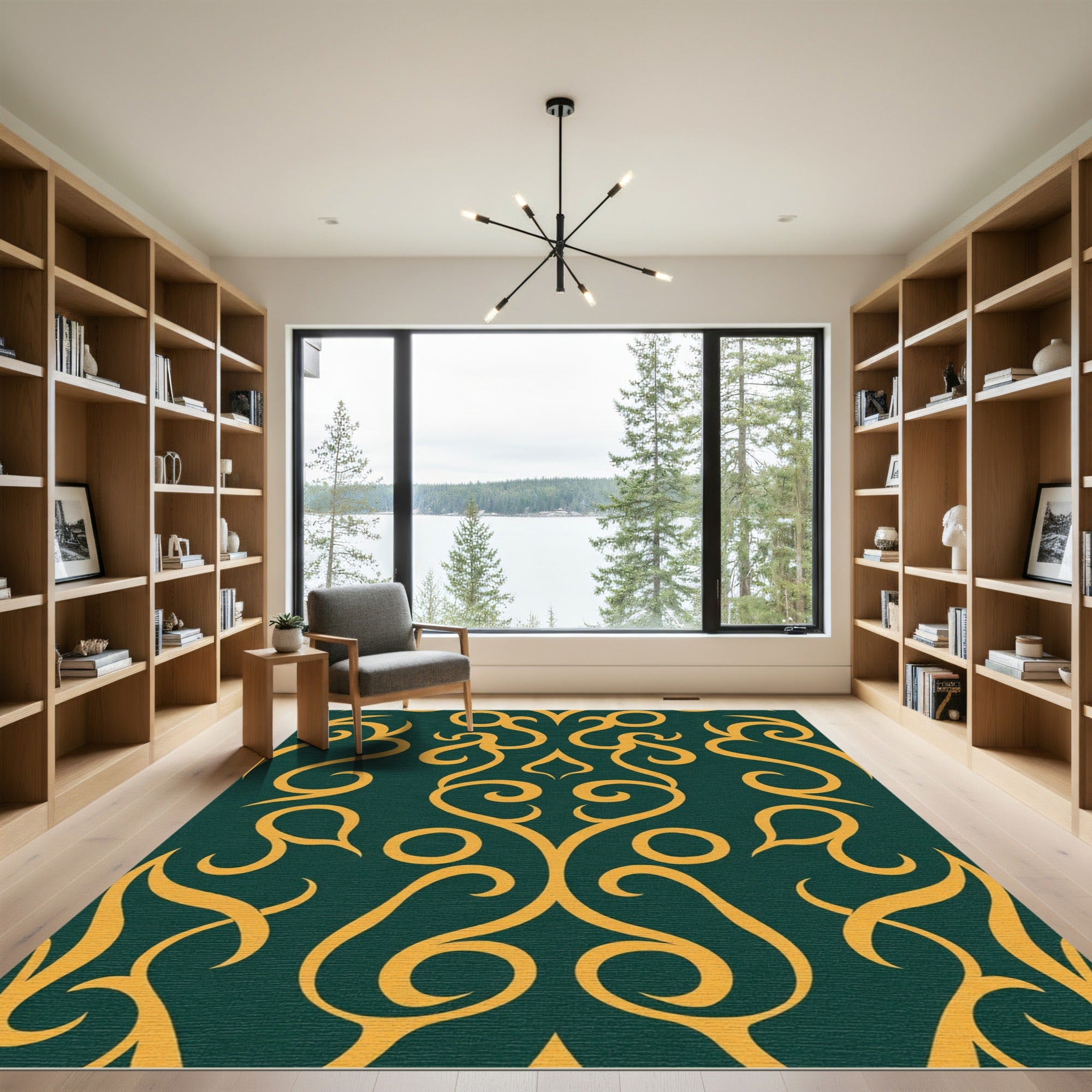 Golden Swirls on Deep Emerald Background Rug