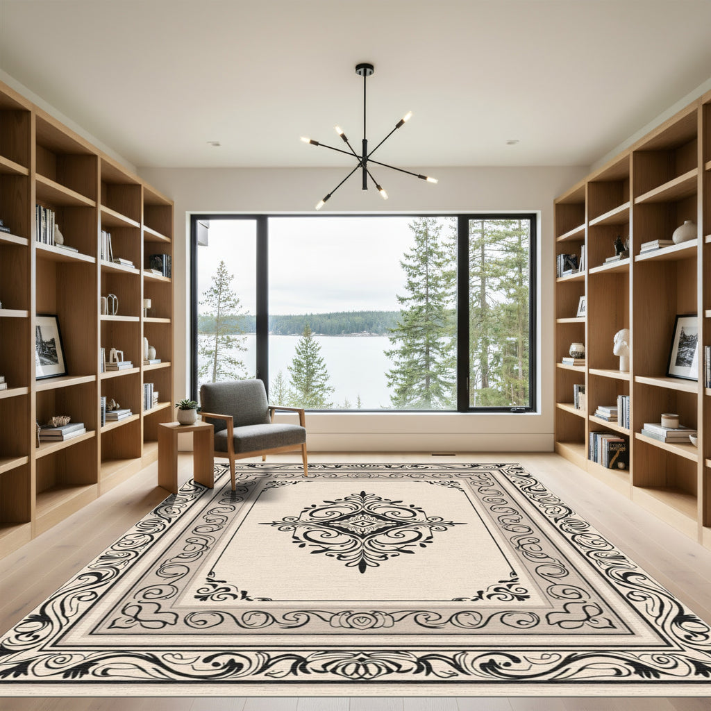 Ornate Black Cream Scroll Medallion Rug