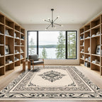 Ornate Black Cream Scroll Medallion Rug