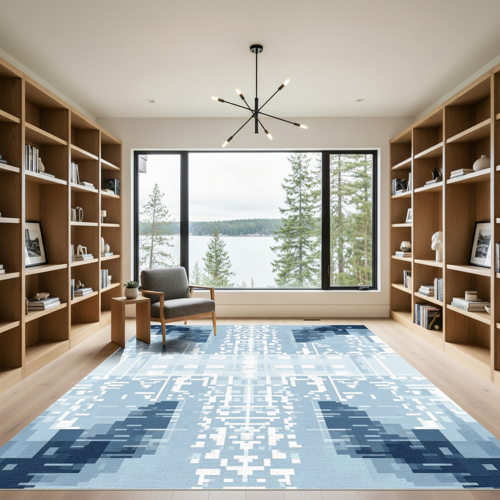Deep Blue Pixelated Symmetry Rug