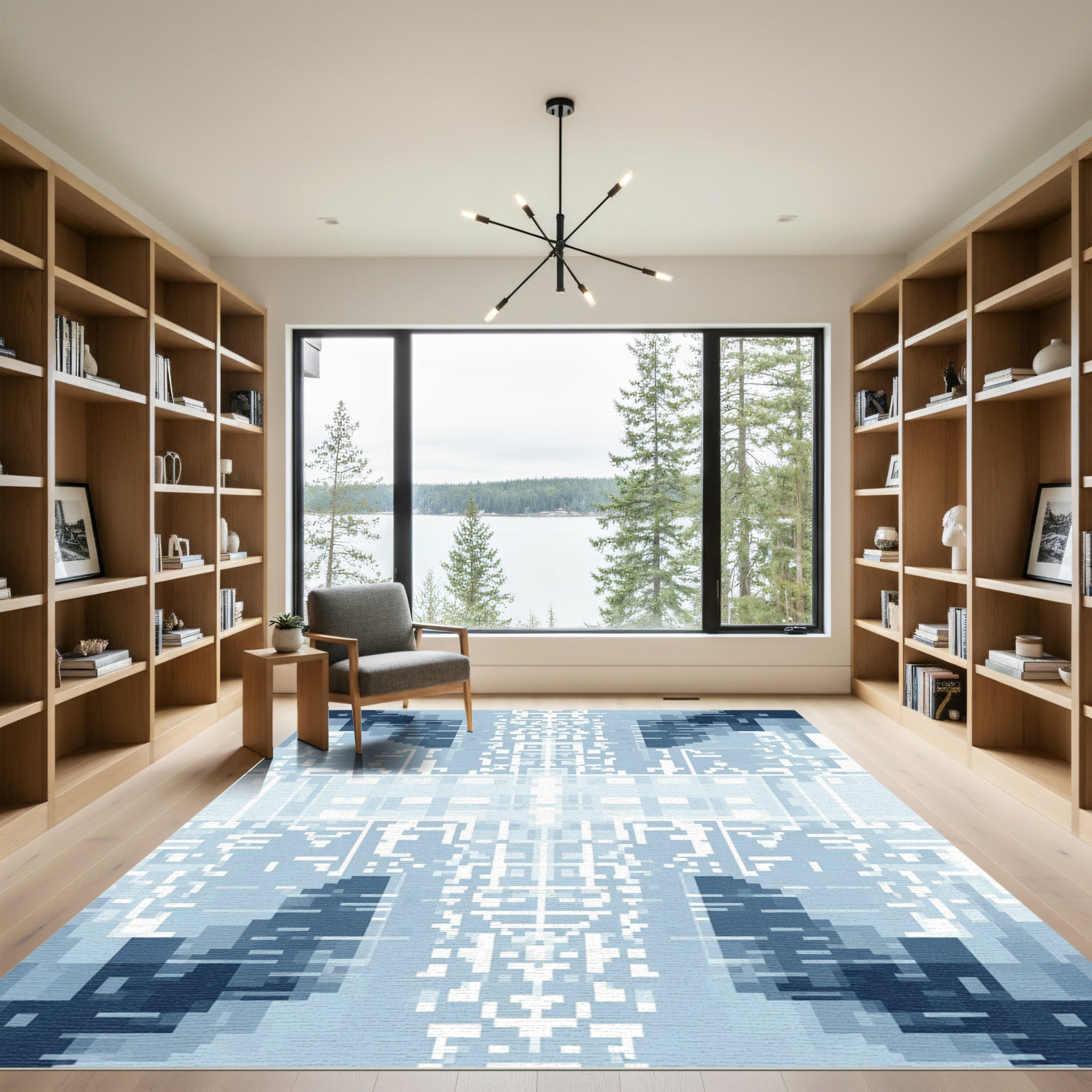 Deep Blue Pixelated Symmetry Rug