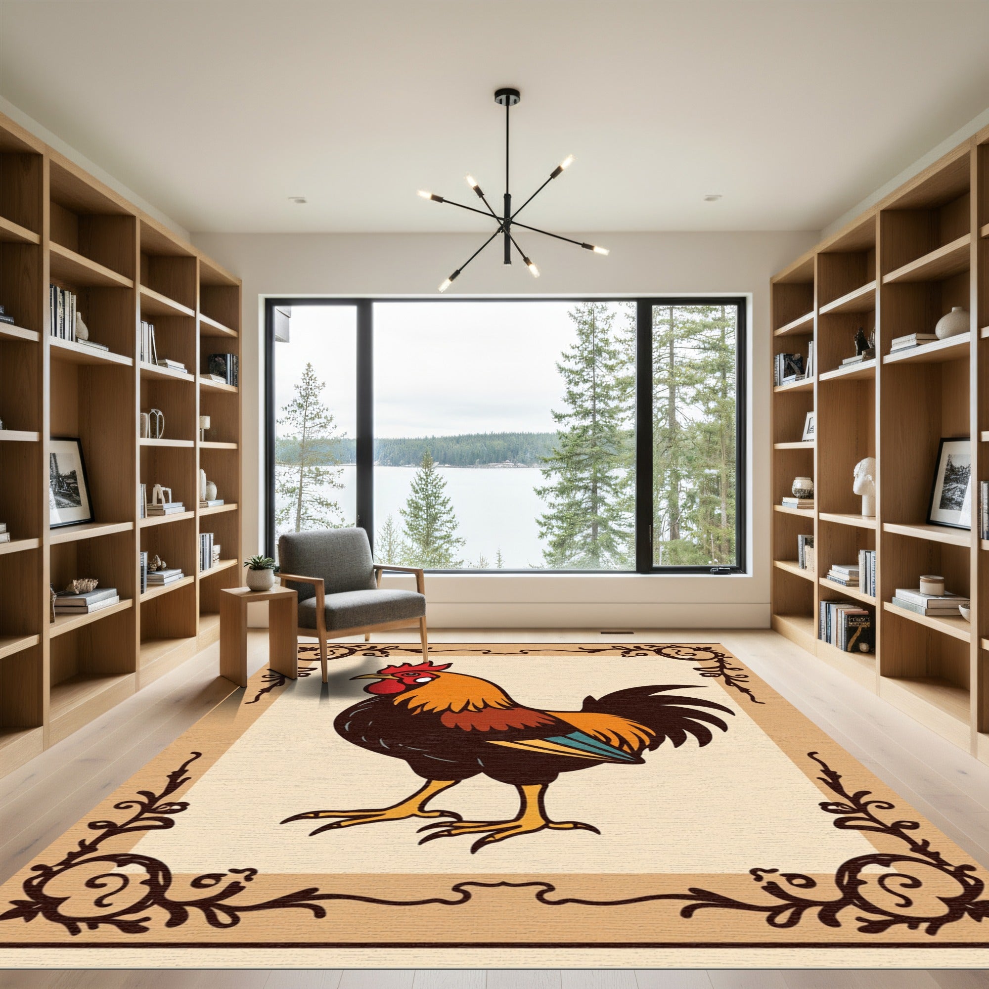 Vintage Rooster Folk Art Border Rug