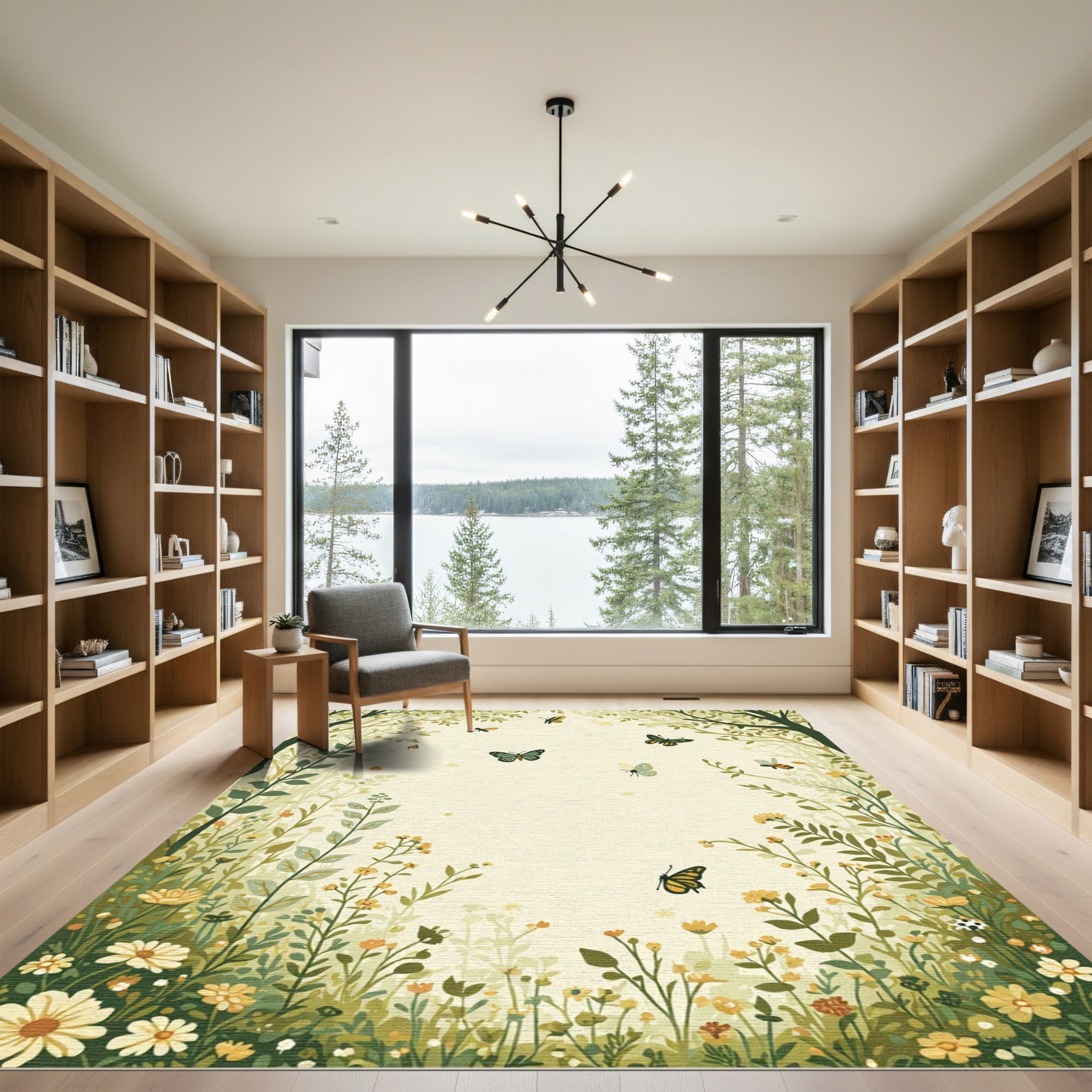 Whimsical Garden Butterflies Meadow Scene Rug