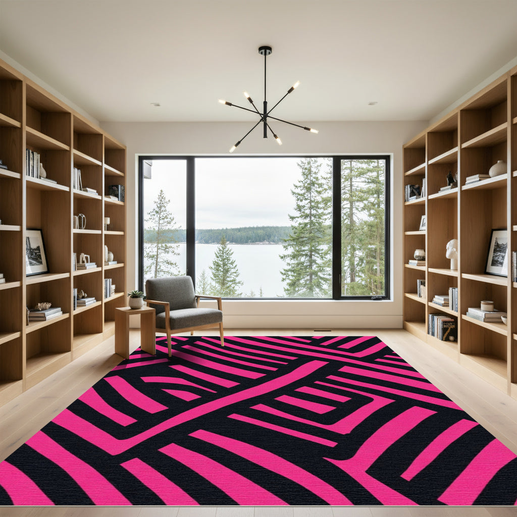 Bold Pink Black Abstract Lines Rug