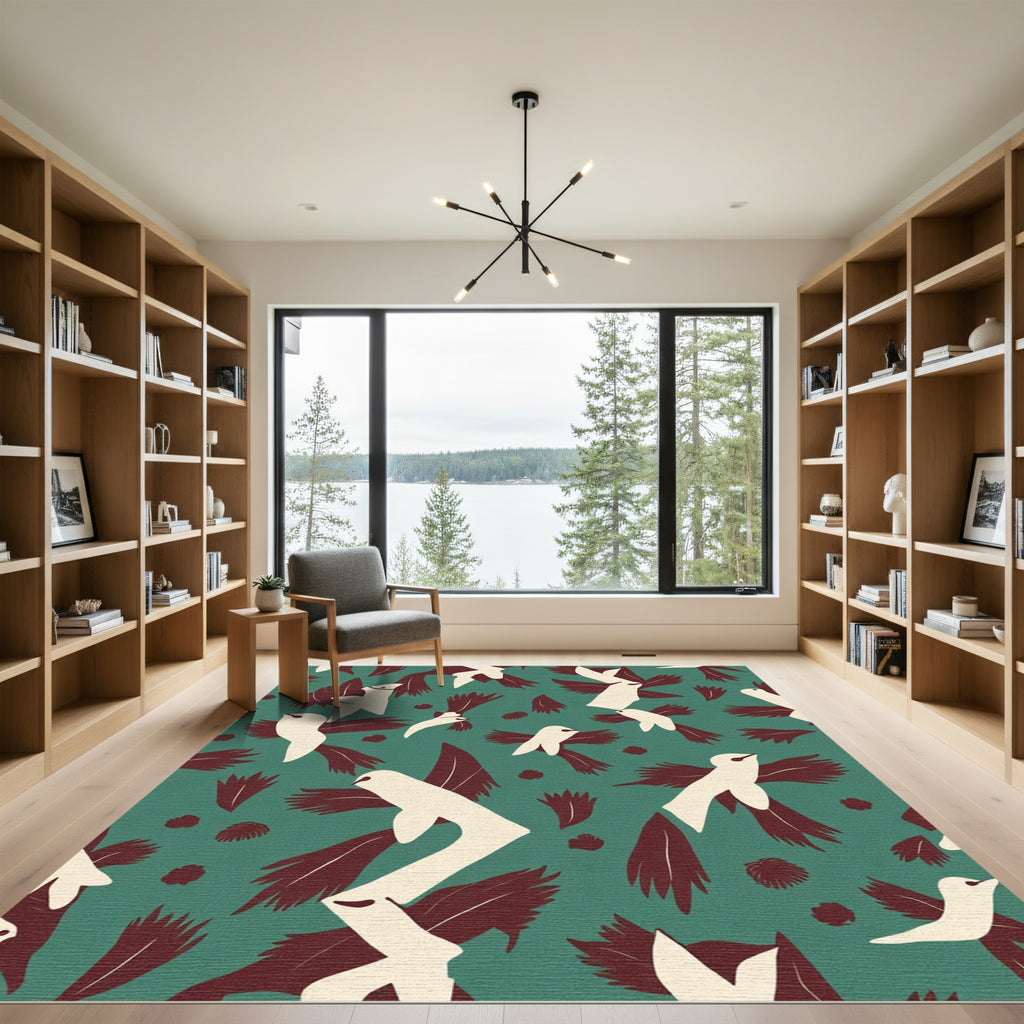 Birds In Flight Teal Crimson Rug