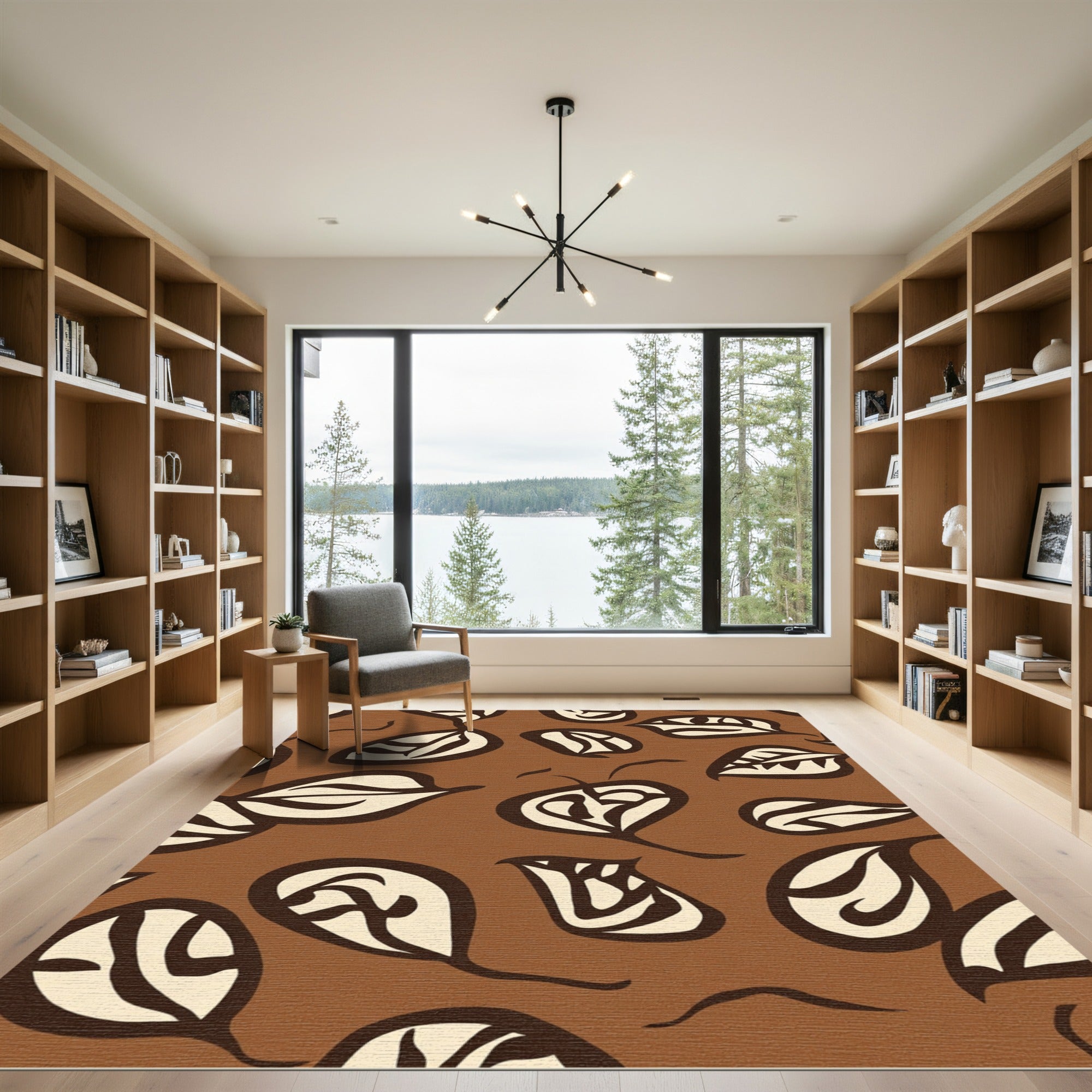 Chocolate Brown Cream Abstract Leaf Swirl Rug