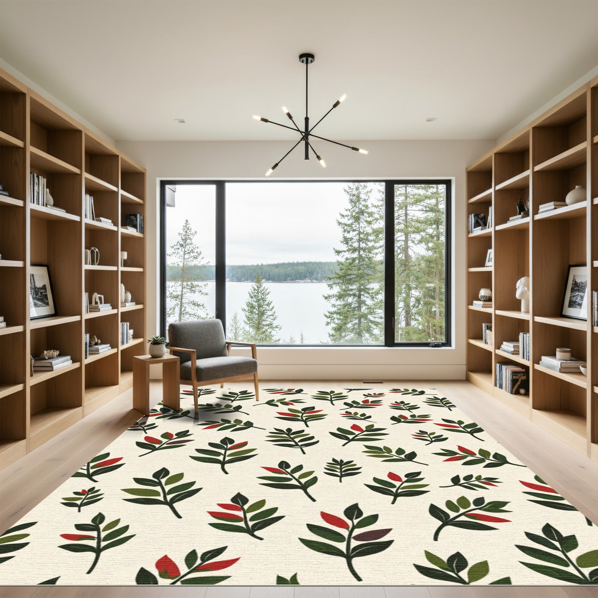 Green Red Leafy Branches Scattered Rug