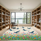 Bold Blue Birds Above Blooming Meadow Rug