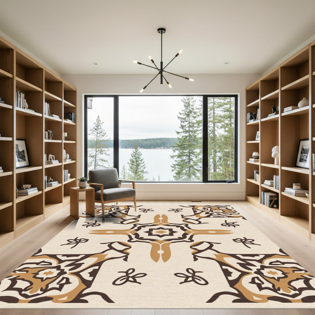 Cream Brown Symmetrical Starburst Medallion Rug