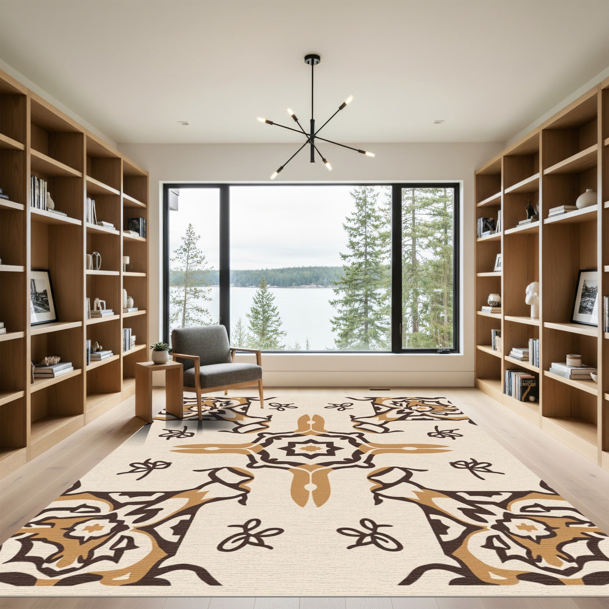 Cream Brown Symmetrical Starburst Medallion Rug