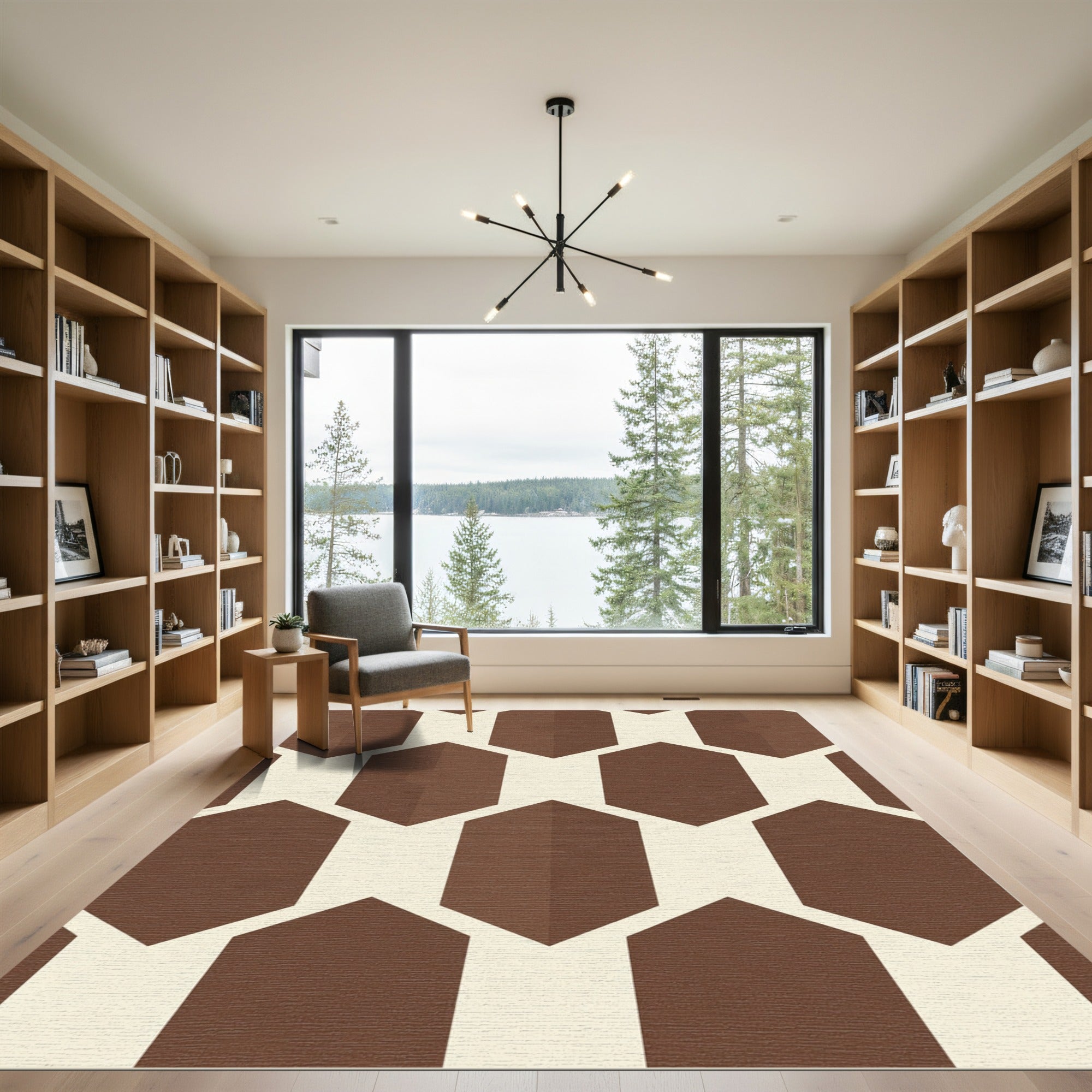 Brown Cream Hexagonal Art Rug