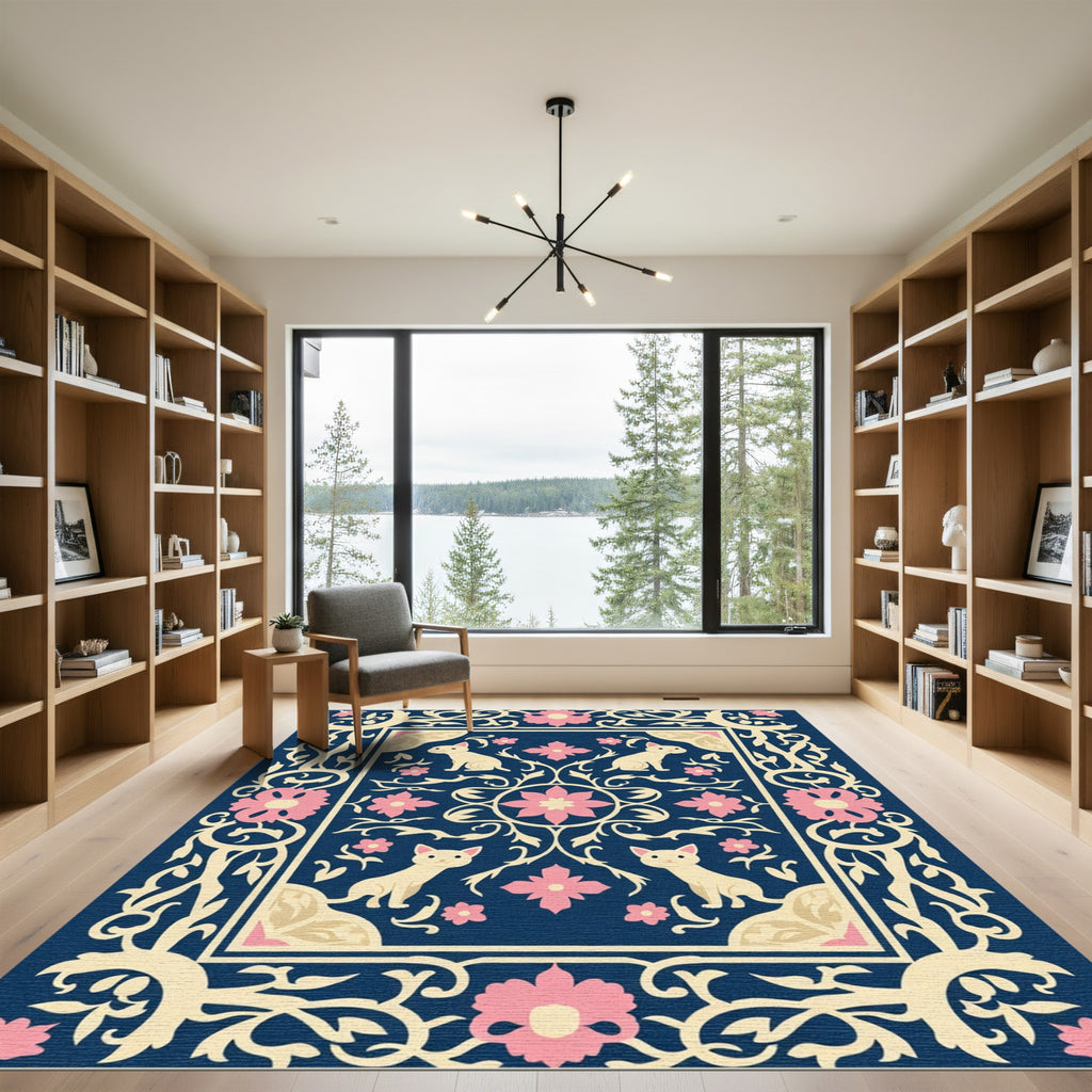 Charming Navy Floral Cat Ornament Rug
