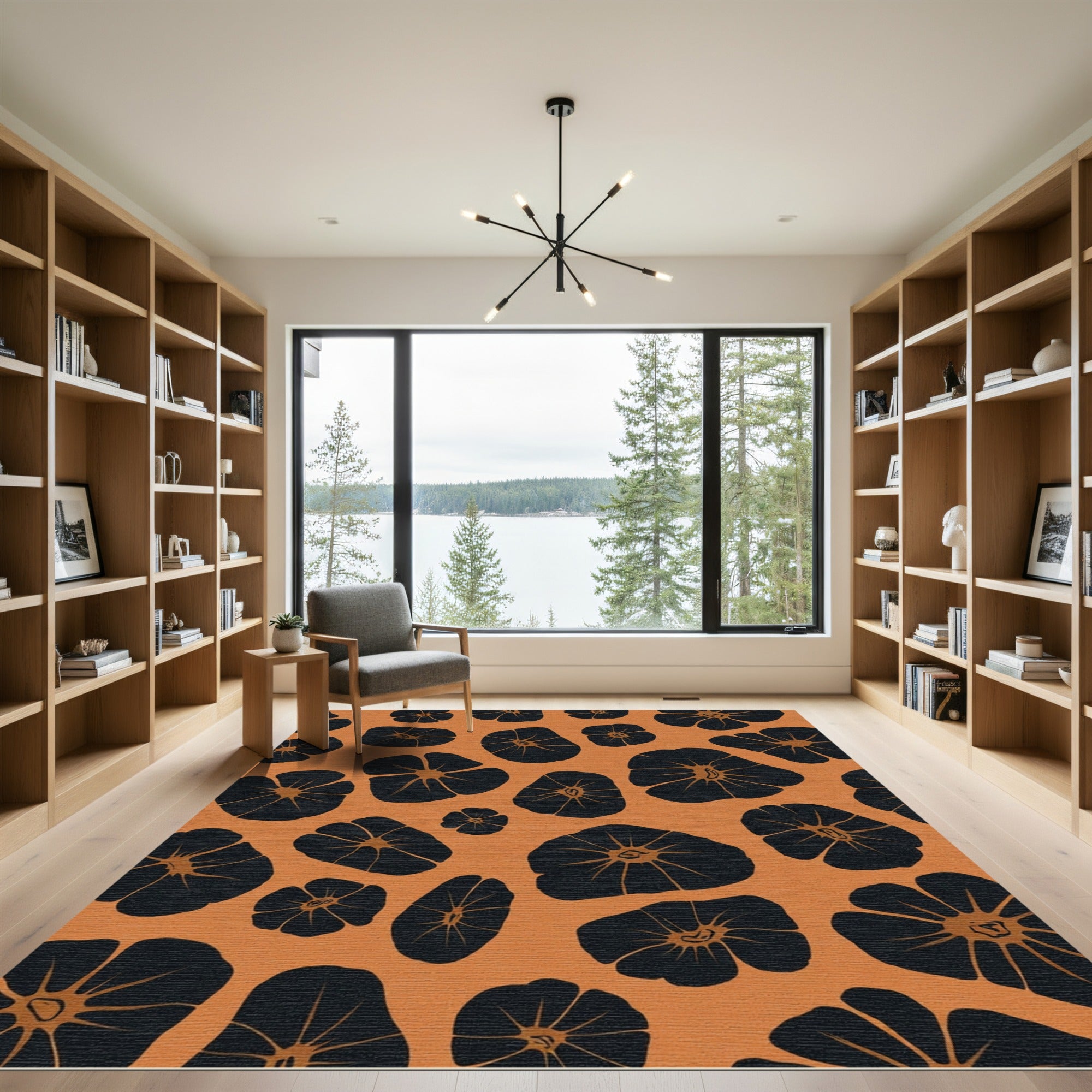Bold Orange Black Floral Silhouette Rug