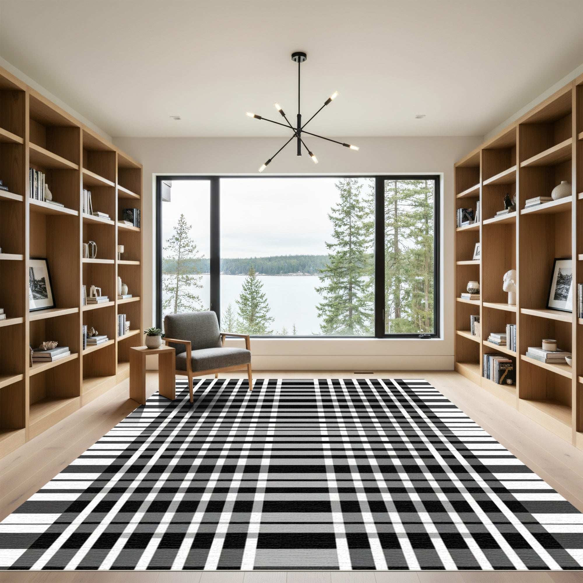 Black White Gray Linear Checkered Rug