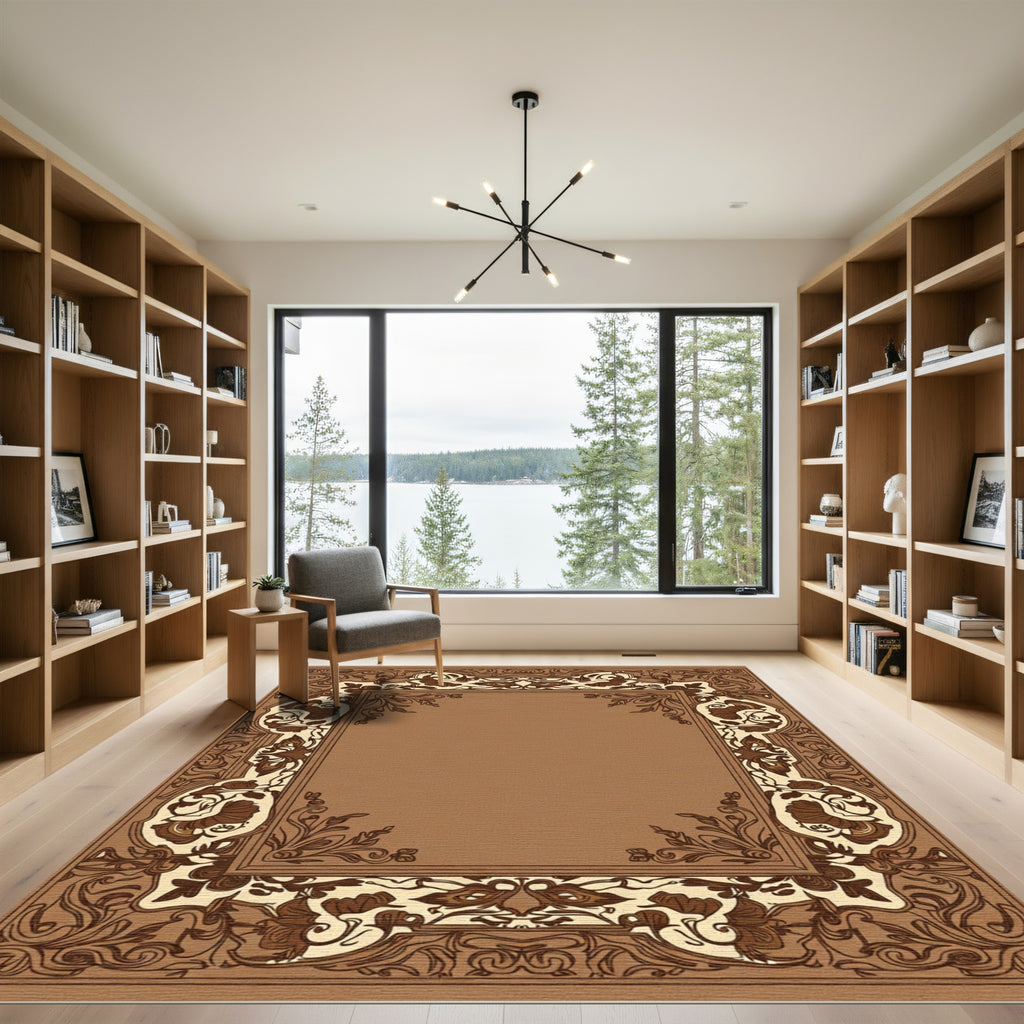 Ornate Brown Floral Frame Rug