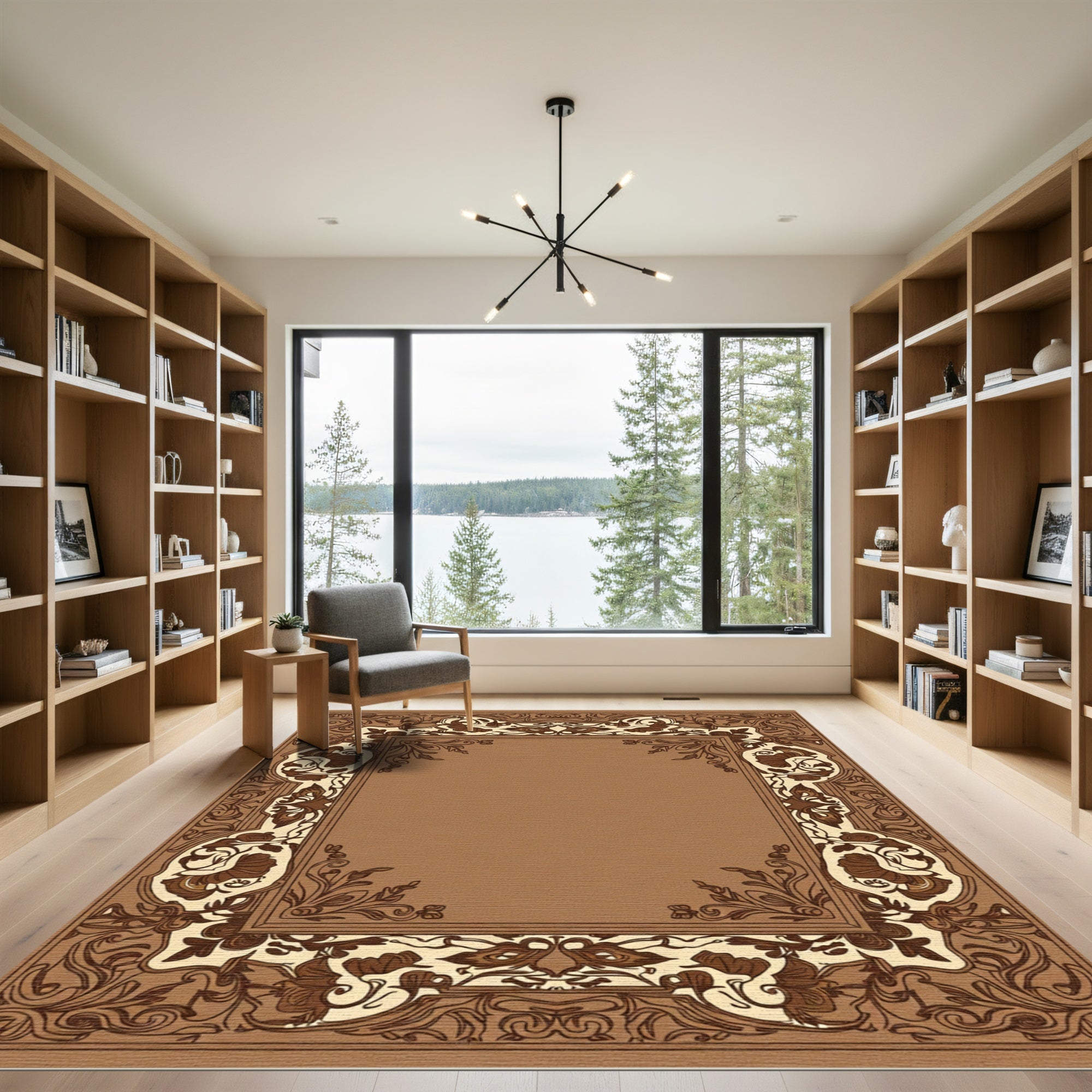 Ornate Brown Floral Frame Rug