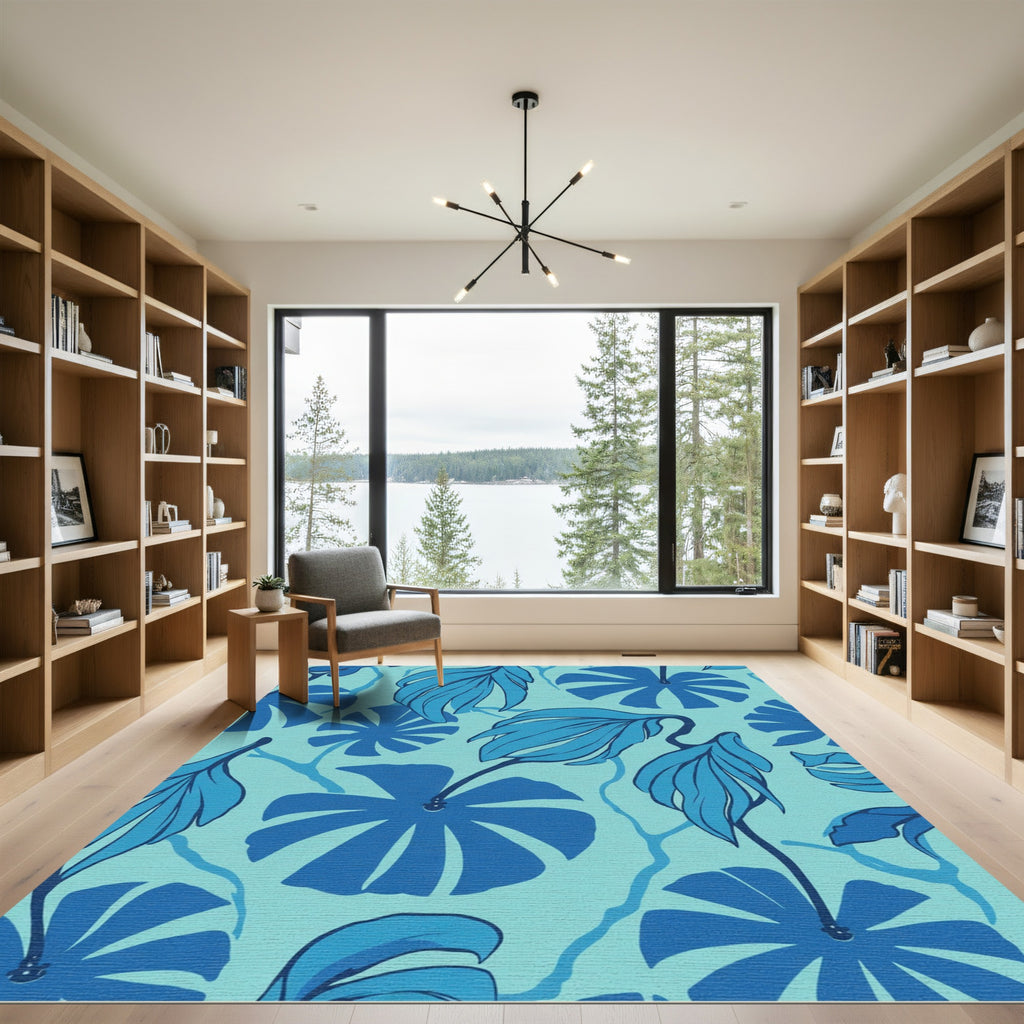 Deep Blue Tropical Leaf Splash Rug