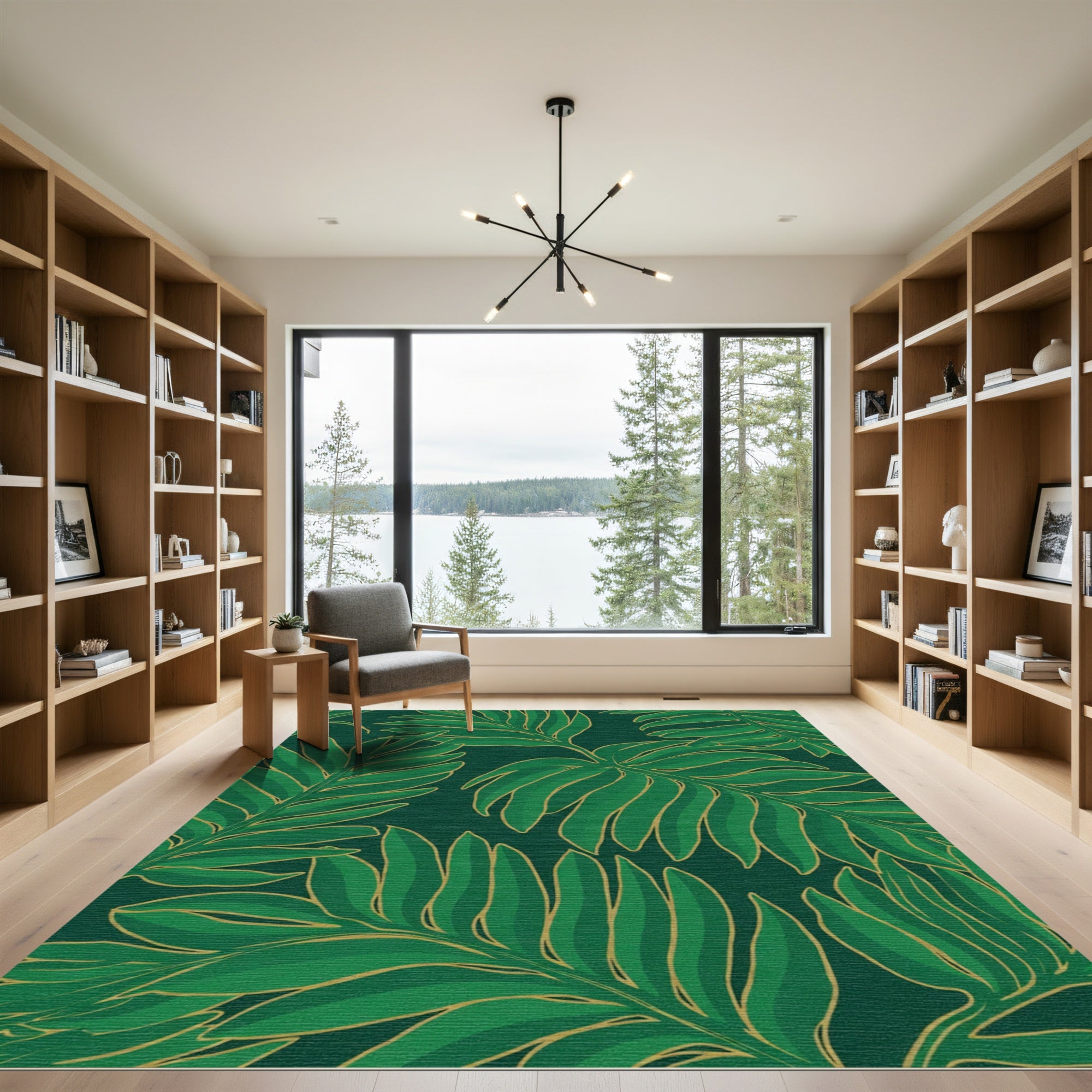 Emerald Green Tropical Foliage Outline Rug