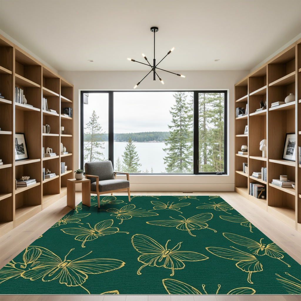 Dramatic Gold Butterfly Flourish Emerald Rug