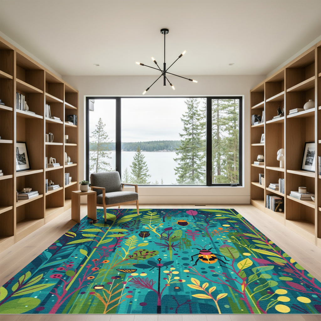 Whimsical Coral Beetle Botanical Garden Rug