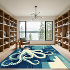 Navy Blue Abstract Octopus Geometric Rug