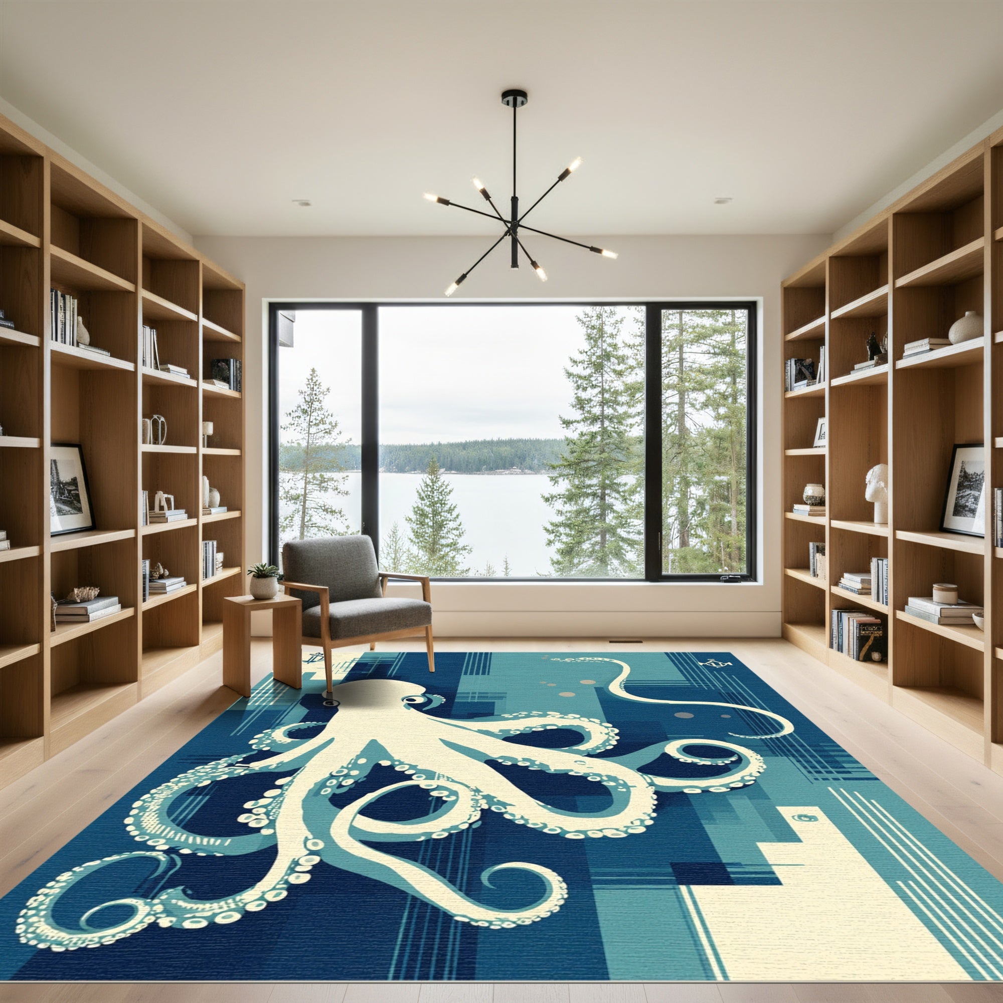 Navy Blue Abstract Octopus Geometric Rug