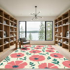 Coral Poppy Garden Leafy Pattern Rug