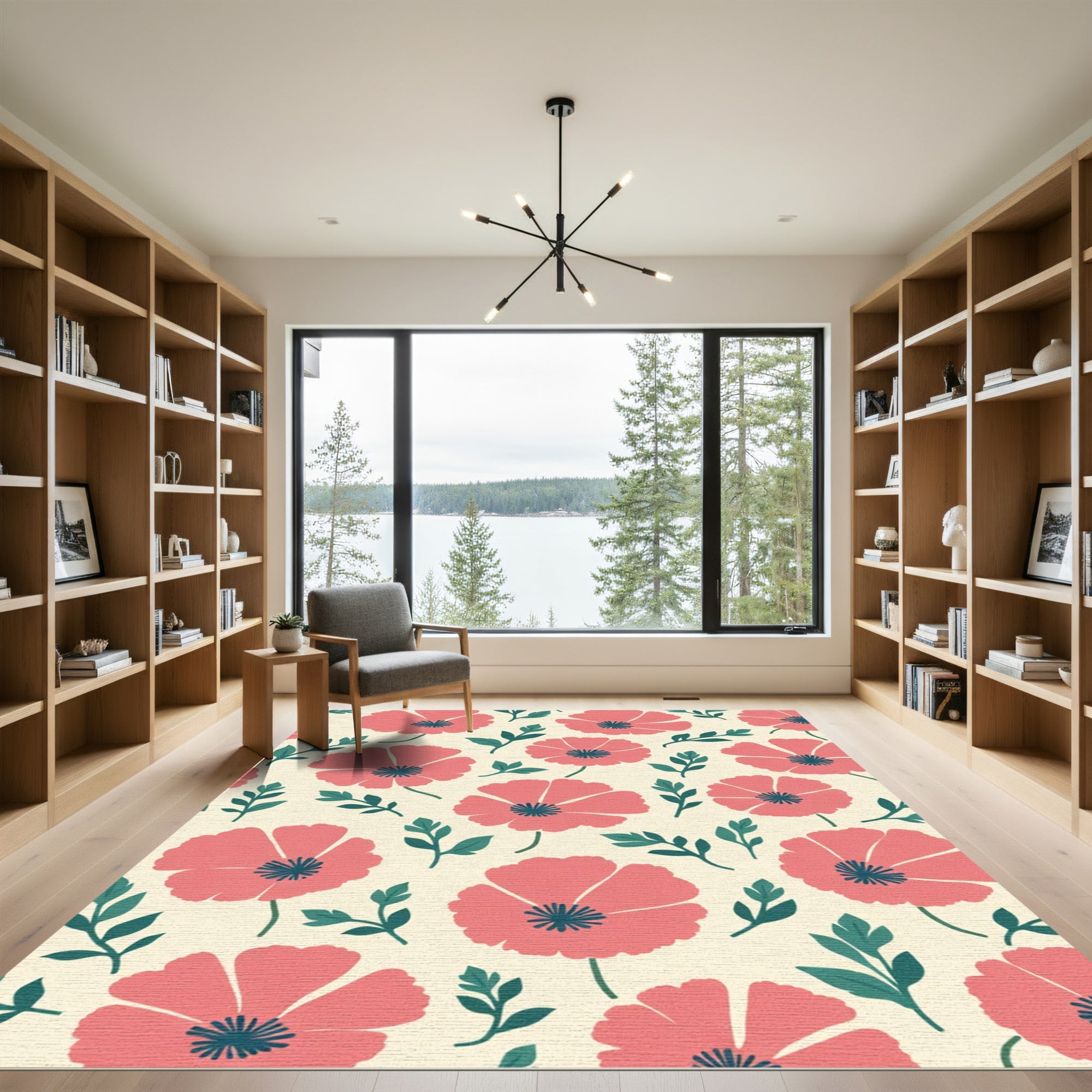 Coral Poppy Garden Leafy Pattern Rug