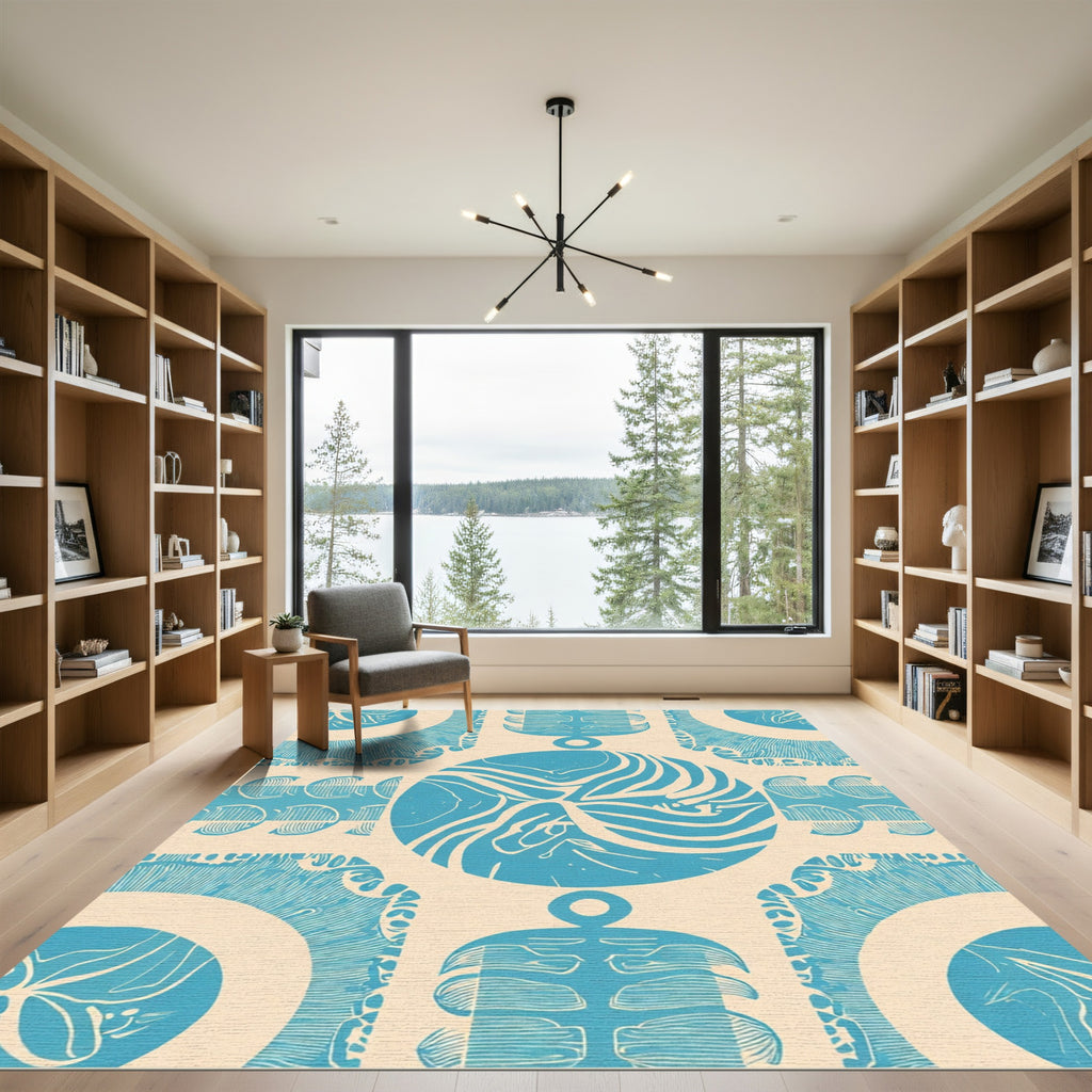 Cyan And Cream Abstract Circular Forms Rug