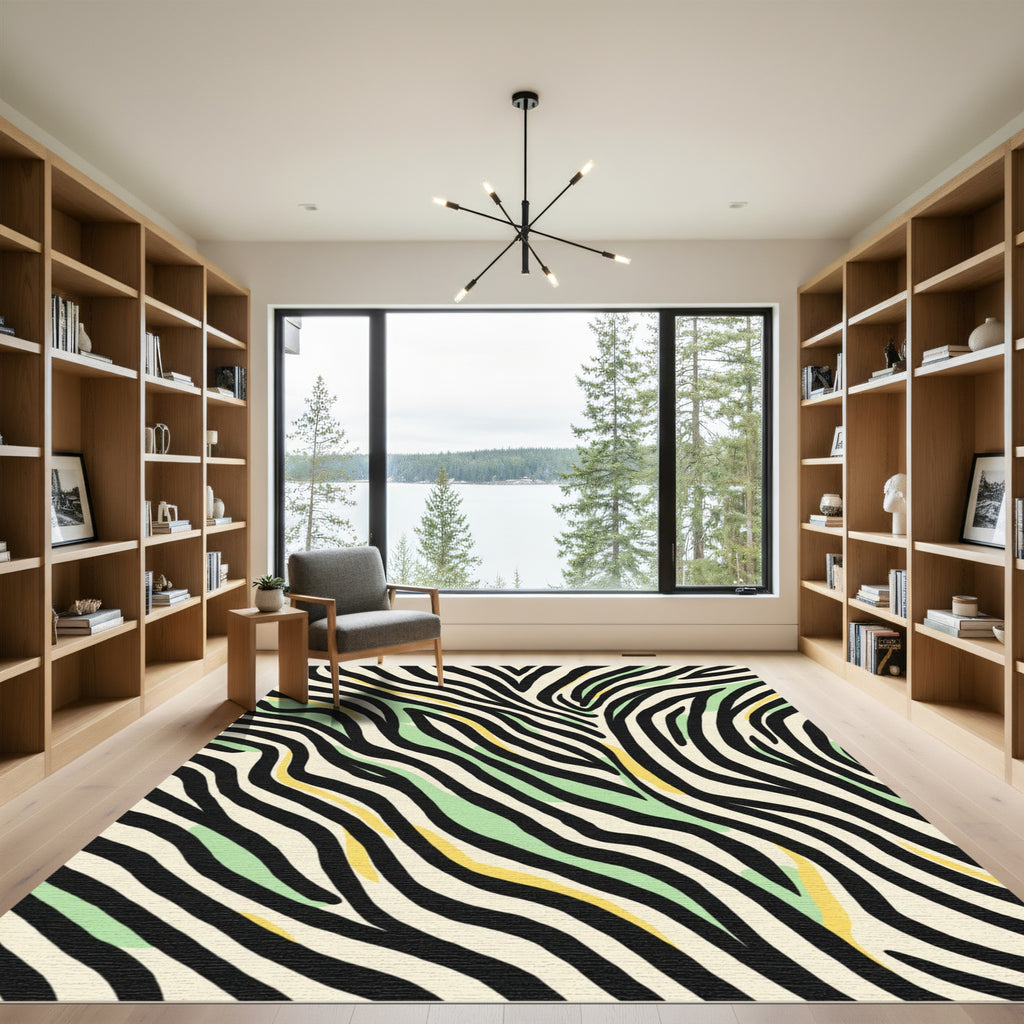 Abstract Zebra Stripes With Green Yellow Accent Rug