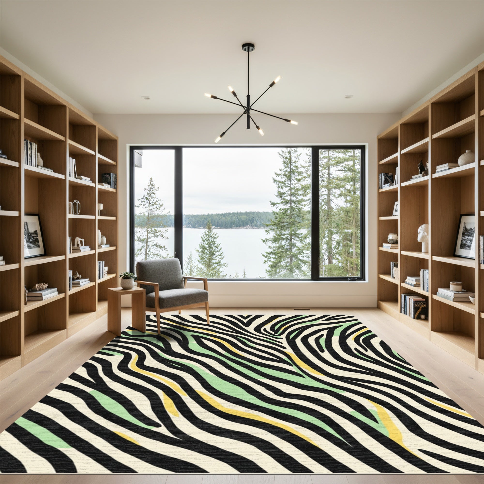 Abstract Zebra Stripes With Green Yellow Accent Rug