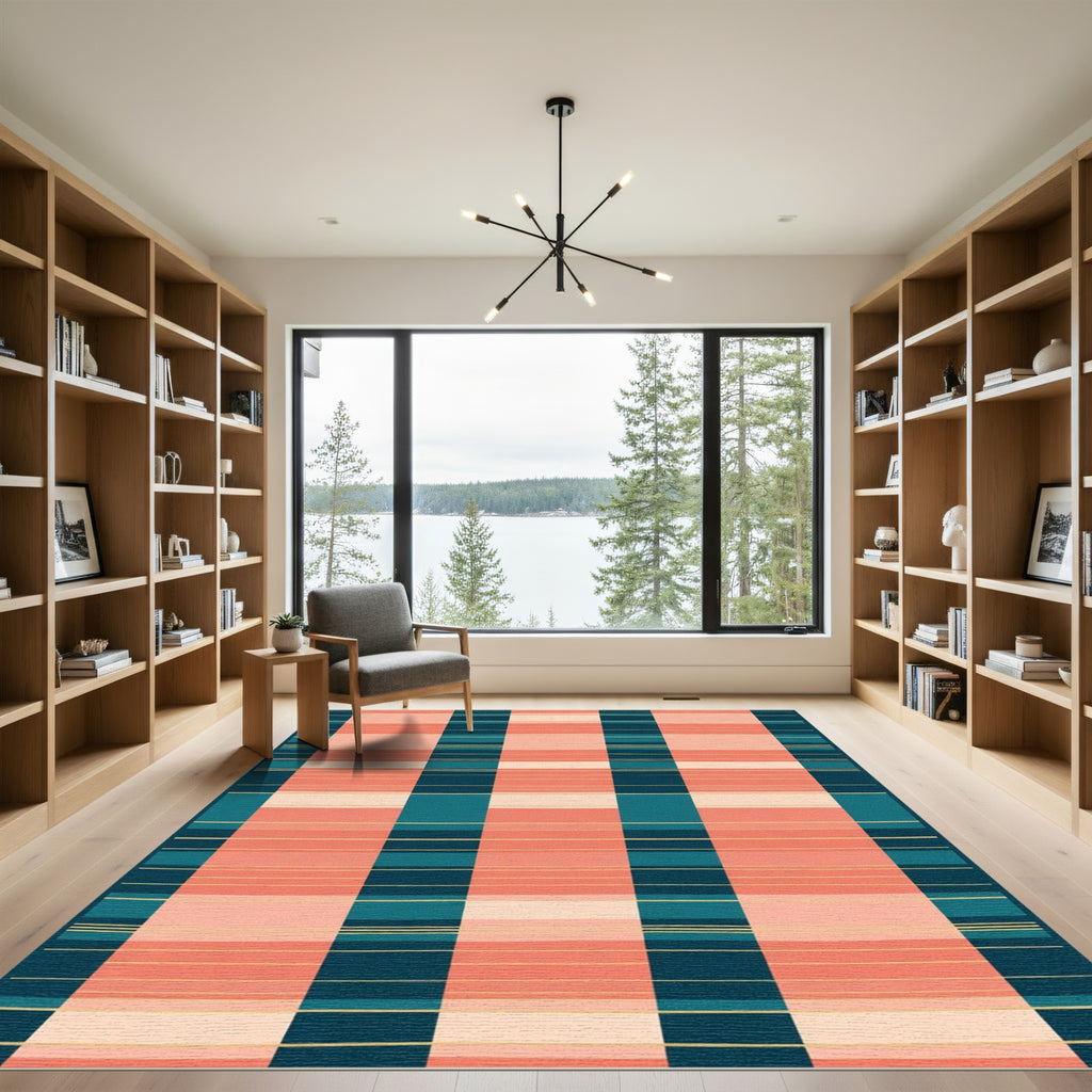 Coral Teal Gold Stripe Arrangement Rug